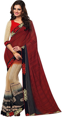 

Desi Butik Embroidered Fashion Georgette Saree(Red, Black, Beige), Red and black and beige