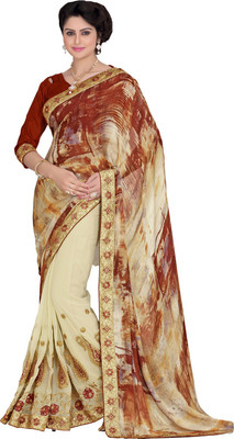 

Lovelylook Embroidered Daily Wear Jacquard, Georgette Saree(White, Orange), Cream & orange