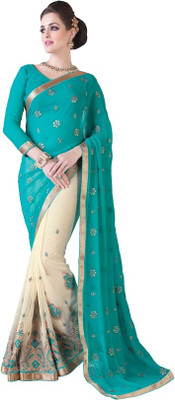 Manthan Embroidered Daily Wear Georgette Saree(Green, White), Green & cream