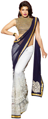 Dancing Girl Embroidered Bollywood Georgette Saree(Blue, White)