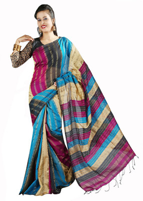 Hawai Striped Fashion Handloom Cotton Saree(Multicolor)