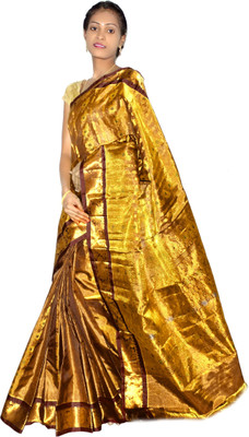 

Mahaveersilkcreations Woven Kanjivaram Handloom Silk Saree(Gold), Chocolate gold