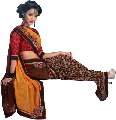 

Jiya Self Design, Embroidered, Embellished Fashion Georgette Saree(Brown, Orange, Brown, Red), Brown;orange;red