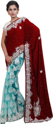 

Adaab Embroidered Fashion Velvet Saree(Maroon), Green net;maroon velvet
