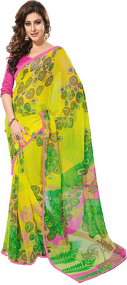 K D Collection Printed Daily Wear Chiffon Saree(Pink), Green;yellow
