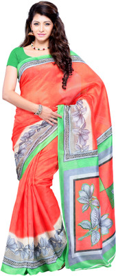 JTInternational Printed Fashion Art Silk Saree(Orange, Green), Multicolor