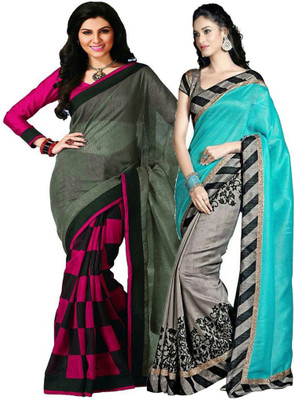 

Kesar Sarees Printed Daily Wear Cotton Saree(Pack of 2, Grey), Blue;grey