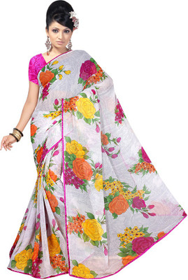 Indian Wear Online Printed Fashion Chiffon Saree(White)