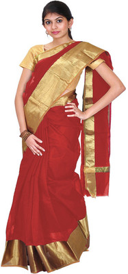 

Javuli Woven Arani Pattu Handloom Silk Cotton Blend Saree(Brown, Gold)