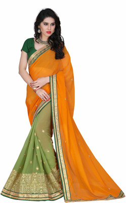 

Indian Wear Online Embroidered Fashion Chiffon, Net Saree(Orange, Green), Green;orange