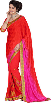 

Lovelylook Embroidered Daily Wear Jacquard, Georgette Saree(Red, Pink)