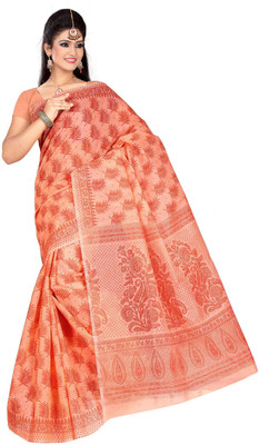 

revathi textiles Printed Gadwal Cotton Saree(Orange)