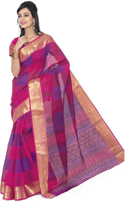 

Jevi Prints Geometric Print Gadwal Cotton Saree(Pink)