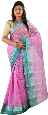 

Hawai Striped Tant Handloom Cotton Saree(Pink, Green), Green;pink