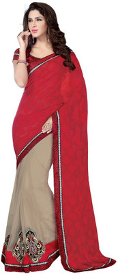 

Desi Butik Embroidered Fashion Net Saree(Red, Beige), Red and beige