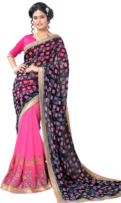 

Saara Geometric Print Fashion Georgette Saree(Black, Pink), Black and pink
