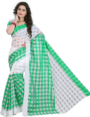

Kanheyas Checkered Fashion Cotton, Silk Saree(White), White green