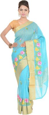 

Kdc Sarees Embroidered Banarasi Handloom Cotton Saree(Blue), Ferozi