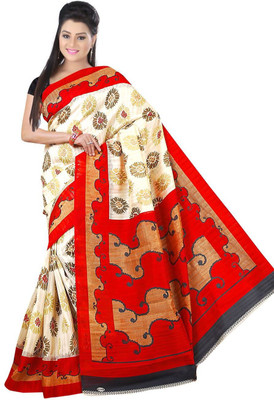 

svb sarees Printed Assam Silk Cotton Linen Blend Saree(Beige), Mutlicolor