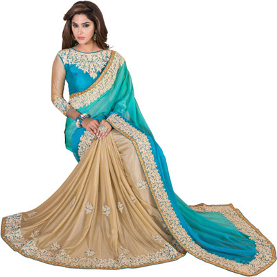 

Khoobee Self Design, Embroidered, Embellished Fashion Lycra, Chiffon Saree(Light Blue, Beige), Beige;light blue