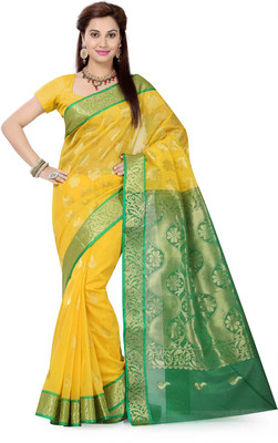 Ishin Woven Fashion Cotton Saree(Yellow), Yellow & green
