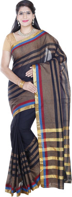 

Urban Vastra Striped Fashion Silk Cotton Blend Saree(Black)