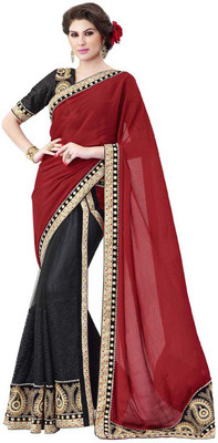 

Desi Butik Embroidered Fashion Chiffon, Net Saree(Red, Black)