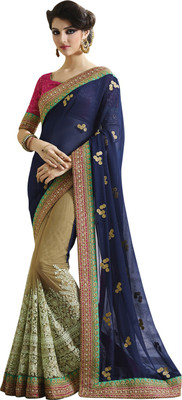 

Saara Embroidered Fashion Georgette Saree(Blue, Beige), Navy blue & beige