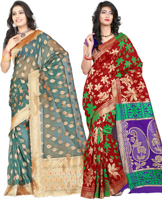 

It's Banii Woven Banarasi Handloom Banarasi Silk Saree(Pack of 2, Green, Red), Light green;red