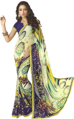 PSHOPEE Printed Fashion Chiffon Saree(Dark Blue)