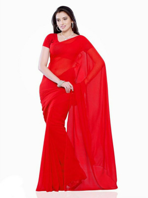 

simple sobar Solid Daily Wear Chiffon Saree(Red)