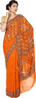 Zain Textiles Woven Banarasi Handloom Pure Chiffon Saree(Orange)