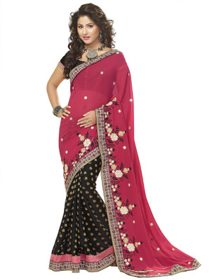 

Khushali Self Design, Embroidered, Embellished Fashion Jacquard, Georgette Saree(Pink, Black), Black;pink