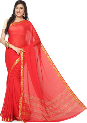 

Rani Saahiba Solid Bollywood Chiffon Saree(Red