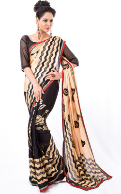 

Cenizas Floral Print Fashion Crepe Saree(Black)