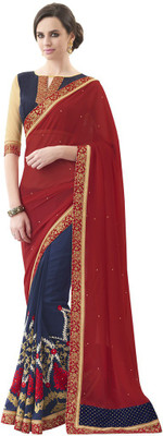 

Desi Butik Embroidered Fashion Georgette Saree(Red, Purple), Purple;red