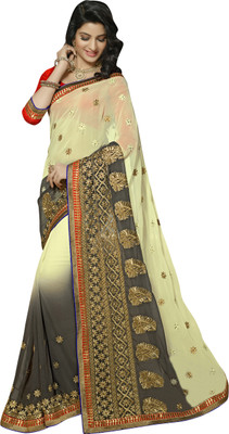 

Khoobee Embellished, Embroidered, Self Design Fashion Chiffon Saree(Grey, Yellow, White), Cream;grey;yellow