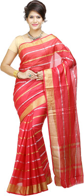 

Mimosa Woven Manipuri Net Saree(Pink), Straberry