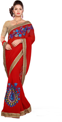 

Ishin Embroidered Fashion Chiffon Saree(Red)