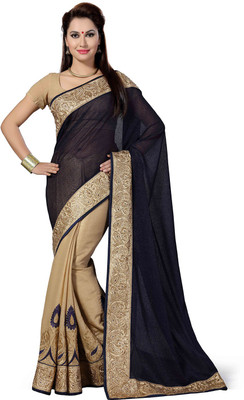 

Ishin Embellished Fashion Modal Saree(Beige), Beige & royal blue