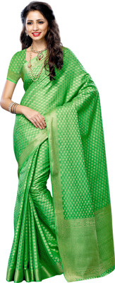 Mimosa Woven Kanjivaram Tussar Silk Saree(Green), Parrot green