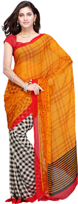 

Jaipur Kurti Checkered Fashion Georgette Saree(Yellow), Yellow and white