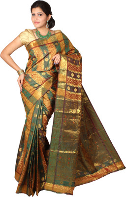 

Mimosa Self Design Kanjivaram Handloom Art Silk Saree(Green), Multi- green