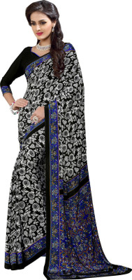 

Khushali Self Design, Printed Fashion Crepe Saree(Black, White, Blue), Black;blue;white