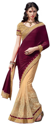 

Desi Butik Embroidered Fashion Chiffon Saree(Maroon, Beige), Beige;maroon