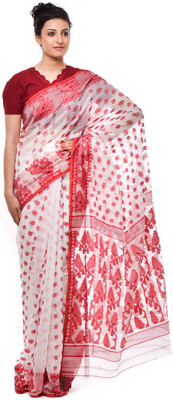 Purabi Woven Jamdani Handloom Cotton Saree(White, Red), Red;white