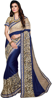 

Desi Butik Embroidered Fashion Georgette, Lycra Saree(Blue, Beige), Blue and beige