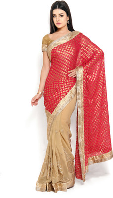 

Soch Self Design, Solid Fashion Georgette Saree(Red, Gold, Beige), Pink