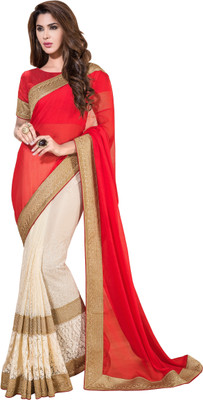

Jiya Self Design, Embroidered Fashion Net, Chiffon Saree(Red, White)