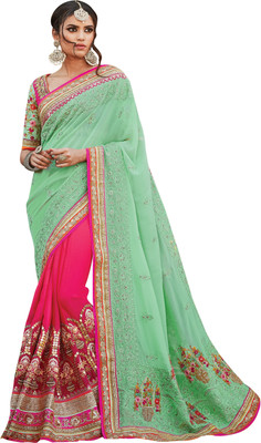 

Brijraj Embellished Fashion Georgette, Silk, Jacquard Saree(Pink, Green), Green;pink